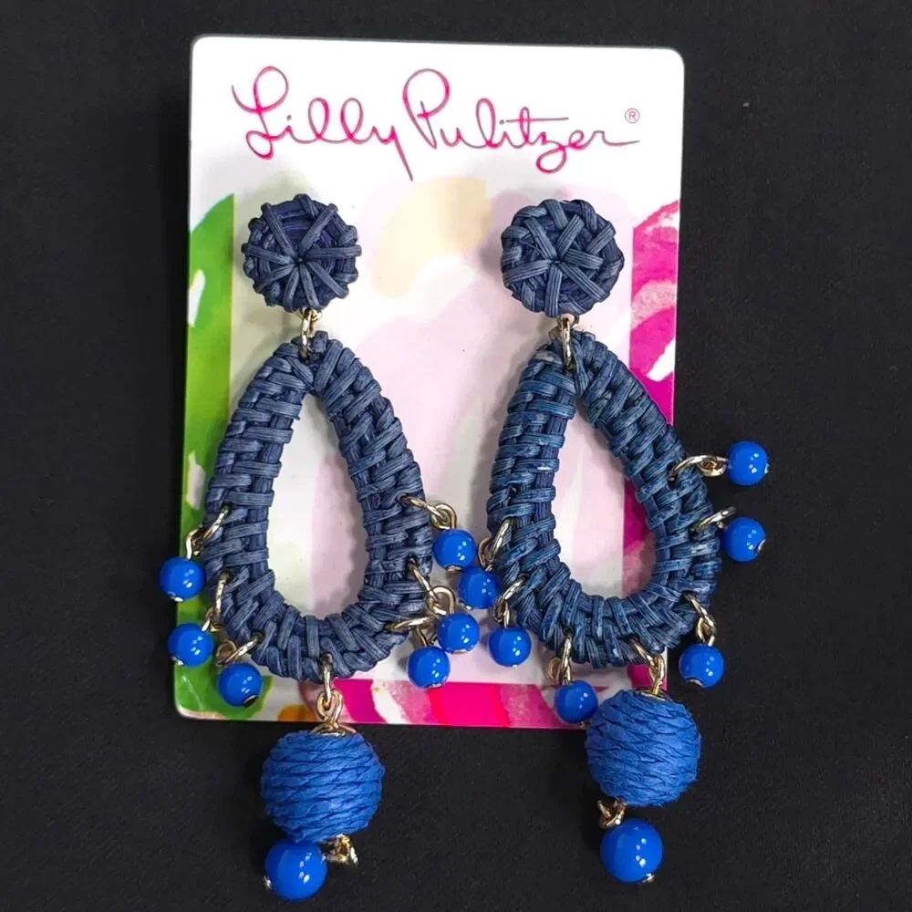 LILLY PULITZER Women's New Alba Blue Raffia Teardrop Beaded Drop Earrings 013493
